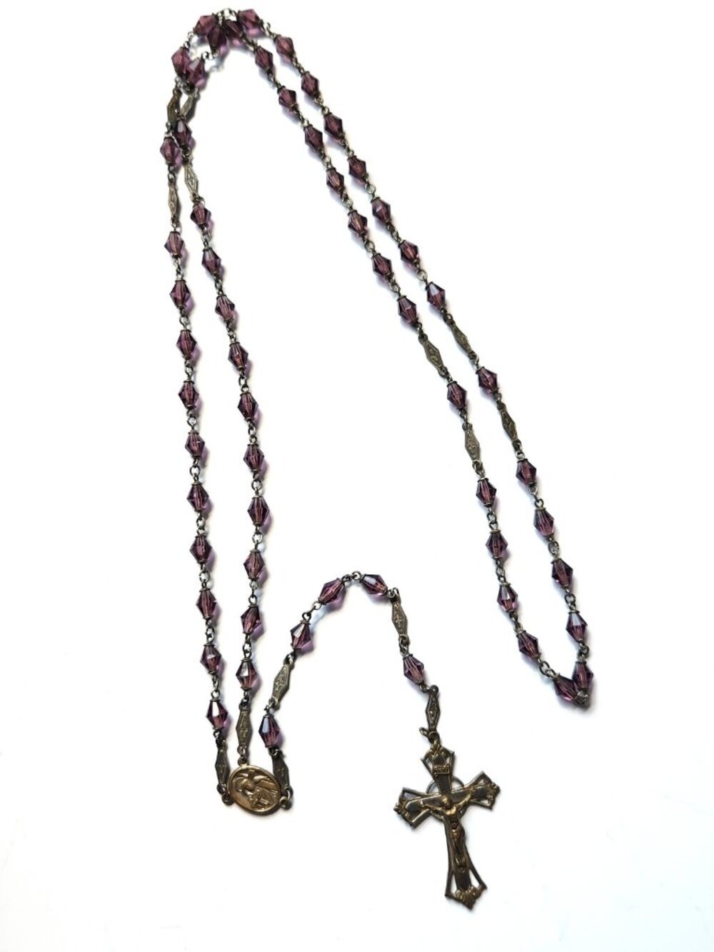 Vintage Purple Crystal Rosary Miraculous Medal Mary TwoTone Celtic Cross